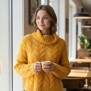 NWT Chunky Cowl-Neck Cable-Knit Sweater Mustard Yellow